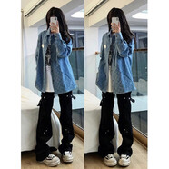 蕭蕭布落美式高街vibe風(fēng)微喇牛仔褲男女秋冬季寬松百搭直筒黑色長(cháng)褲子男 S 3XL