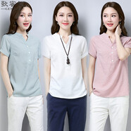 歌蜜奴 棉麻t恤女2021春夏新品女裝時(shí)尚條紋V領(lǐng)舒適短袖上衣A1003 淺藍(lán)色 M