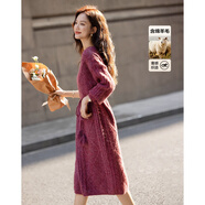 德瑪納【戀戀暖風(fēng)】冬季優(yōu)雅絞花V字圓領(lǐng)流蘇腰帶含綿羊毛針織女連衣裙