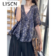 LISCN森女系甜美印花寬松娃娃衫女上衣裙擺v領(lǐng)苧麻小衫碎花T恤棉麻襯衣 藍色花 均碼