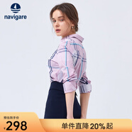 Navigare意大利小帆船女士長(cháng)袖襯衫春秋季休閑格子襯衣萊賽爾高檔寸衫 洋紅/白 M