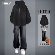 曦嶼重磅半拉鏈連帽衛衣男秋冬款美式休閑高領(lǐng)外套直筒牛仔褲高街穿搭 [兩件套]黑色+黑色牛仔褲- 加絨 3XL [140-165斤]