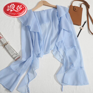 浪莎夏季新款荷葉邊雪紡防曬衣配吊帶裙子外搭小披肩透氣短款開(kāi)衫外套 藍色 M