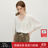 范思藍(lán)恩拼接蕾絲邊v領(lǐng)襯衫女甜美法式浪漫上衣夏季2025新款設(shè)計(jì)感2681 白色 S