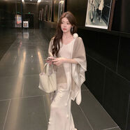 冬季溫柔風(fēng)馬海毛白色針織吊帶連衣裙中長(cháng)款修身顯身材裙子 奶白色 XS XS