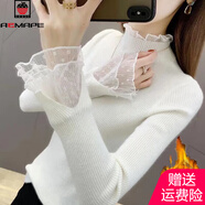 AEMAPE加絨厚加厚毛衣女外穿秋冬新款修身針織洋氣內搭上衣蕾絲打底衫 波點(diǎn)花邊白色 加絨 L 105-115斤