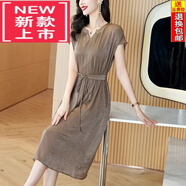 東方鴨高端真絲連衣裙25年夏季時(shí)尚新款氣質(zhì)顯瘦寬松收腰媽媽桑蠶絲裙子 卡其色 M 【建議90-105斤】