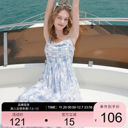 三彩2025夏季新款碎花吊帶裙無(wú)袖高腰連衣裙顯瘦A字裙長(cháng)裙度假M