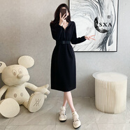 SXA香港潮牌法式衛(wèi)衣裙女秋冬2025新款洋氣拉鏈連帽束腰中長款連衣裙 黑色連衣裙 S