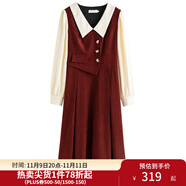 獨(dú)束大碼女裝假兩件撞色襯衫領(lǐng)連衣裙女秋冬微胖mm文藝復(fù)古穿搭裙子 勃艮第紅【適合160左右】 XL