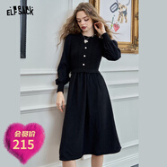 妖精的口袋黑色針織拼接收腰連衣裙女2025年春新款赫本風(fēng)長(cháng)袖裙子 時(shí)尚黑色 M