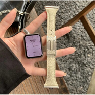 尚酷奇荔枝紋H扣小蠻腰腕帶適用小米手環(huán)8p/9pro紅米watch5表帶磁吸真皮 米白色 適用：華為FlT2