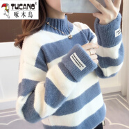 啄木鳥(niǎo)少女羊毛衫初中生羊毛衣女高中生新款春秋款加絨加厚孩保暖內穿打 天藍色 【條紋加厚】11 XL【建議115-130斤】