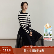 茵曼（INMAN）撞色小香風(fēng)條紋針織拼接網(wǎng)紗裙2025秋季法式氣質(zhì)A字小黑裙子 黑色 M