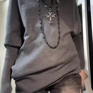 EPET深灰色高領(lǐng)長(cháng)袖針織衫女秋冬復古寬松不規則蝙蝠衫毛衣上衣外穿 深灰色 S 建議75-95斤