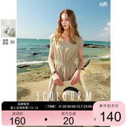 三彩2025春季新款純棉V領(lǐng)短袖高腰連衣裙顯瘦A字大擺長(cháng)裙M