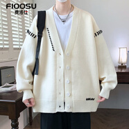 費洛仕開(kāi)衫毛衣男秋冬季新款美式寬松慵懶風(fēng)V領(lǐng)針織外套男士毛線(xiàn)衣夾克 9017白色 XL （120-140斤）