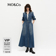 MO&Co.連衣裙春高腰腰帶洗磨棉質(zhì)復古襯衫長(cháng)裙MBE1DRS035 牛仔藍色 M 165