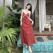 ANTCITY 202025法式碎花吊帶長裙子收腰顯瘦度假風(fēng)沙中長款開叉連衣裙HM4 蕾絲吊帶紅色 XL _建議125-145斤