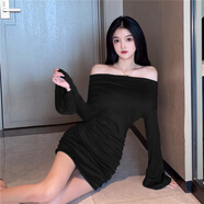 彈簧人（TANHUANGREN）春季韓版一字領(lǐng)性感露肩開(kāi)叉喇叭袖緊身顯瘦百搭皺褶連衣裙女 黑色 S