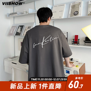 viishow夏季潮流美式復古刺繡男裝圓領(lǐng)短袖T恤大碼寬松個(gè)性體恤   深灰 L 
