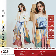 兩三事梵高文藝 藝術(shù)長廊 2025夏季新款復(fù)古印花抽繩綁帶兩穿半身裙 花色 M