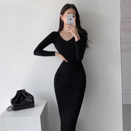 園翌韓國chic氣質(zhì)V領(lǐng)包臀裙裙女春秋打底裙顯瘦百搭子 黑色(優(yōu)質(zhì)版) XL