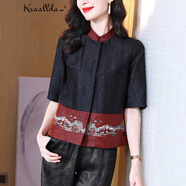 卡搭（kraallda）品牌香云紗上衣女短袖寬松大碼刺繡紅云紗拼接桑蠶絲真絲襯衫女 黑紅色 L