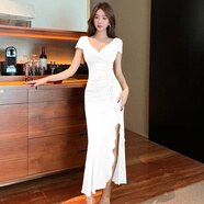 芳透夜店輕熟風(fēng)低胸v領(lǐng)短袖修身長(cháng)裙荷葉邊網(wǎng)紗拼接開(kāi)叉收腰連衣裙子 白色 L