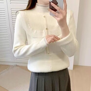 香影純蕾絲半高領(lǐng)加絨加厚毛衣女內搭2024新款秋冬一體絨針織打底衫上衣 淺杏色 M  (建議95-105斤)