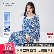 秋水伊人開(kāi)衩碎花方領(lǐng)連衣裙秋季新款女裝高腰A字雪紡裙子 花料 L