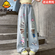 G.duck小黃鴨女童牛仔褲秋款2025新款中大洋氣褲子春秋款印花破洞闊腿褲 破洞印花春秋款牛仔褲 130 碼建議身高120-130cm