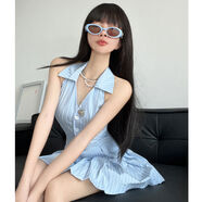 南法假日POLO領(lǐng)背心裙掛頸露肩性感辣妹洋裝V領(lǐng)無(wú)袖收腰百褶裙 藍色 S S