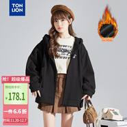 唐獅（TonLion）2025針織外套女休閑衛衣開(kāi)衫連帽上衣 加絨款/黑色 M