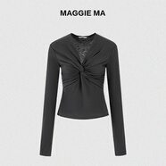 MAGGIE MA馬婧設計師款極簡(jiǎn)百搭立體層次感紐結褶皺設計上衣772S 黑色 S
