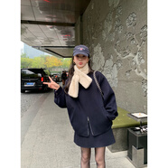 pusumede奢寵冬日 翻領(lǐng)羊毛雙面呢夾克外套女高腰A字半身短裙套裝 藏藍色外套(95%羊毛） S