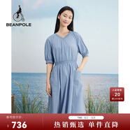 beanpole【度假連衣裙】濱波 女士純色休閑淑女V領(lǐng)連衣裙 天藍色 S 160/84A