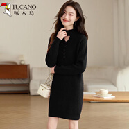 啄木鳥(niǎo)配大衣毛衣裙女秋冬裝新款寬松半高領(lǐng)心機時(shí)尚針織打底衫連衣裙子 黑色 3XL 建議140-155斤