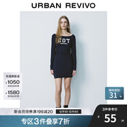 UR2025秋季新款女裝休閑運動(dòng)風(fēng)字母褶皺長(cháng)袖連衣裙UYY750007 墨藍 XS