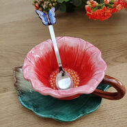 心花怒放粉玫瑰杯子陶瓷杯創(chuàng  )意茶杯套裝咖啡杯花草茶具家居歐式杯碟勺組合 紅色太陽(yáng)花杯碟勺