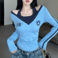 右小姐美式辣妹撞色拼接假兩件長(cháng)袖t恤女秋季甜酷印花掛脖露肩褶皺上衣 藍色 L