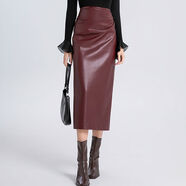 小紅書(shū)同款新款酒紅皮裙女2025秋冬蛋白皮高腰顯瘦氣質(zhì)直筒裙高端 酒紅色 XS XS