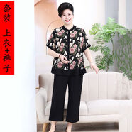 媽媽夏裝套裝中年開(kāi)衫上衣短袖雪紡衫中老年女裝加肥加大碼兩件套 黑玫瑰上衣+褲子 2XL 2XL建議120-140斤