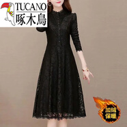 啄木鳥(niǎo)（TUCANO）加絨秋冬連衣裙新款氣質(zhì)小個(gè)子遮肚顯瘦保暖配大衣蕾絲打底裙 227黑色(全身加絨)旗艦款 L 建議90-110斤旗艦款