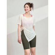 大碼運動(dòng)短袖t恤女2025新款夏季速干跑步健身上衣遮肉瑜伽服罩衫 糖霜白上衣+灌木綠短褲套裝更優(yōu)惠 L L建議115-130斤