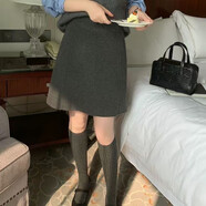 ANGEL MOOD秋冬毛呢中裙加長(cháng)款韓系高腰顯瘦a字裙大碼灰色感梨形半身裙 灰色 3XL