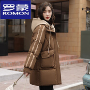 羅蒙（ROMON）假兩件羽絨棉服女中長(cháng)款2025棉衣新款冬季加厚棉襖寬松保暖外套 咖啡色 M  建議115斤以下