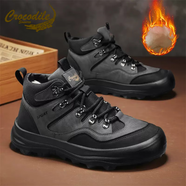 鱷魚(yú)恤冬季高幫鞋男款加絨軟底保暖防滑馬丁靴戶(hù)外耐磨登山工裝鞋 灰色 42