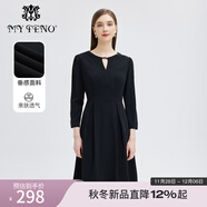 MY TENO春秋新款黑色鏤空領(lǐng)燙鉆收腰連衣裙九分袖通勤A(yíng)字裙 黑色 S