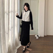 黑色新中式國風(fēng)套裝裙女2025初秋氣質(zhì)穿搭高級感覆古絲絨連衣裙 黑色連衣裙 提花馬甲（面料升級版） L